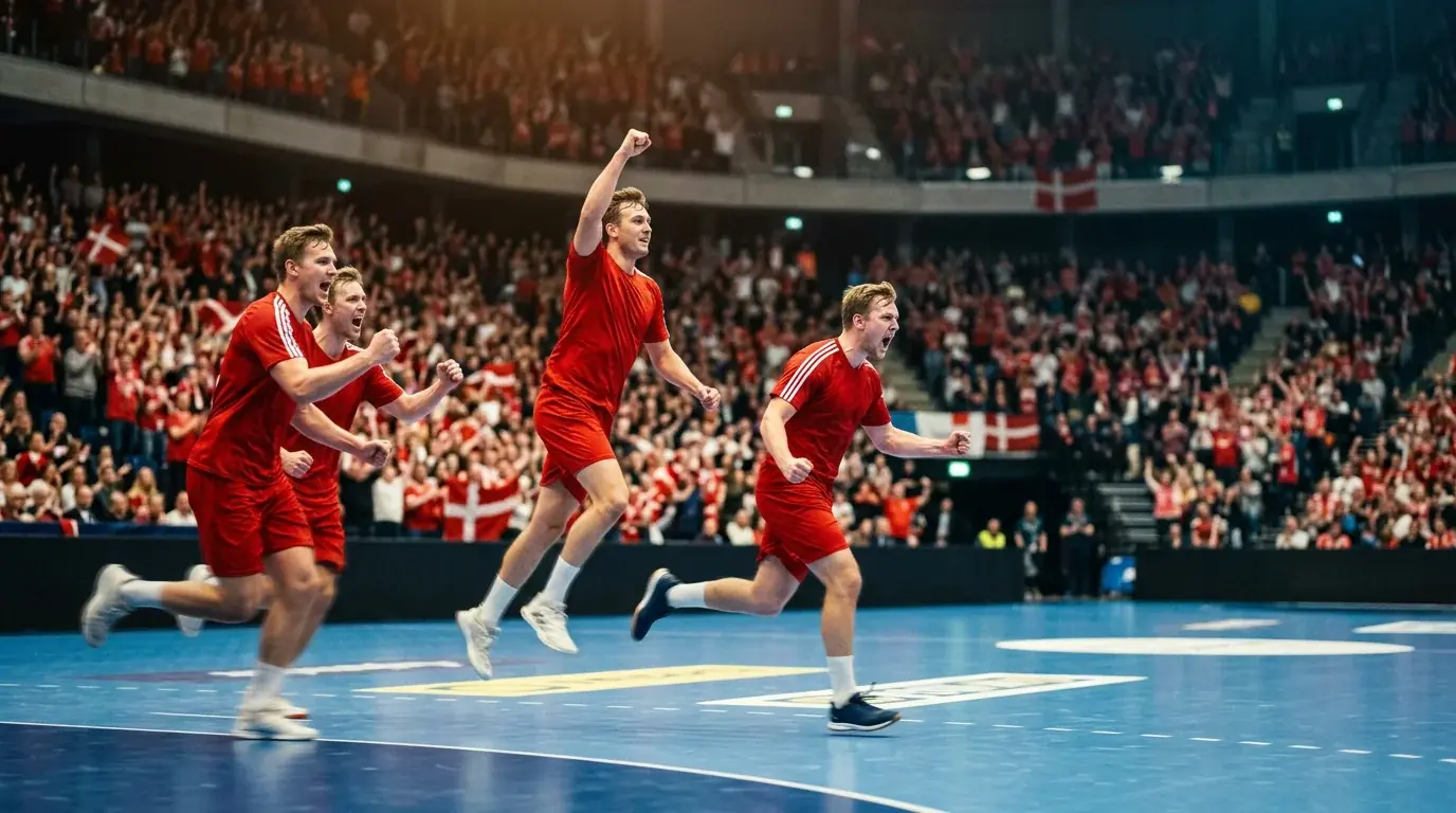 Spillere fra Danmarks herrelandshold i håndbold fejrer et mål i en propfyldt dansk arena